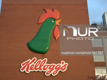 The Kelloggs Cockeral logo decorating an otherwise bland factory wall. (