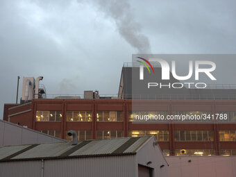 Exhaust rising from the Kelloggs factory in Trafford Park, Greater Manchester, England. (