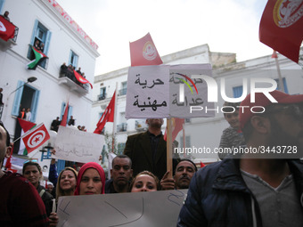 Unionists and workers rallied outside the headquarter of the Tunisian General Labour Union (UGTT), on November 17, 2018 in Tunis, where the...