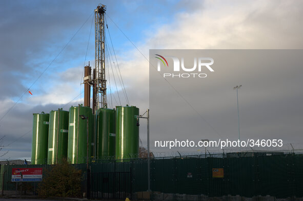 The Fracking rig, in Ellesmere Port, shining in the mid-afternoon sun. The Site is undergoing test drilling on Saturday 22nd November, 2014....