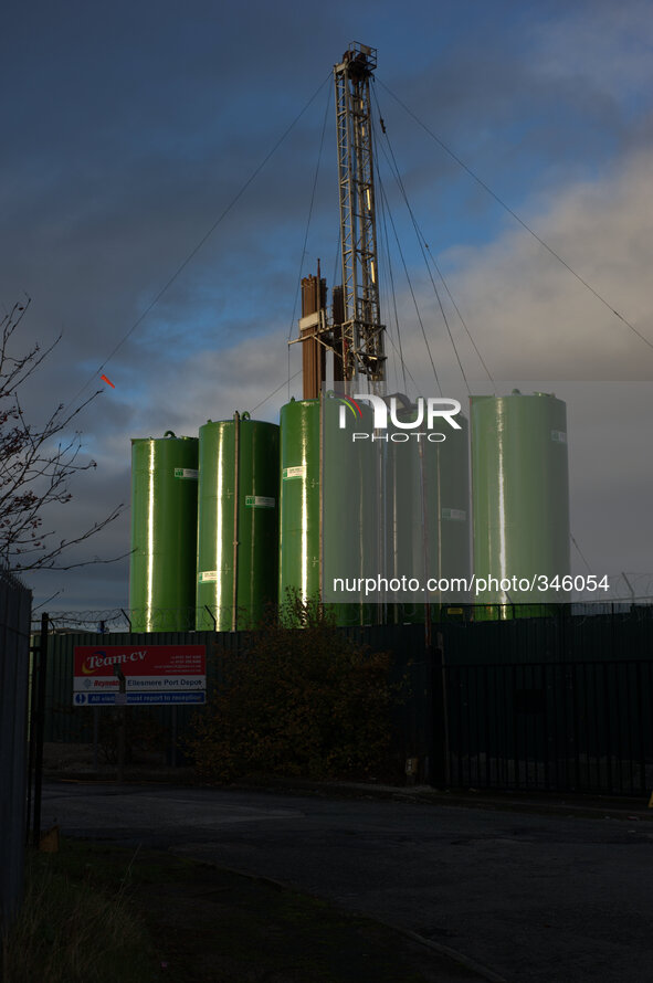 The Fracking rig, in Ellesmere Port, shining in the mid-afternoon sun. The Site is undergoing test drilling on Saturday 22nd November, 2014....
