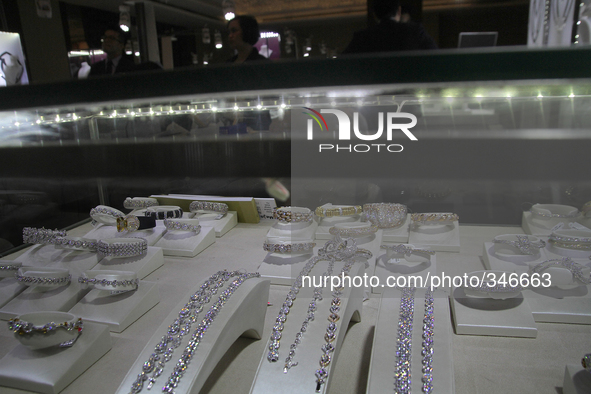 Pearl jewelery on display during the exhibition in Medan, North Sumatra, Indonesia on Sunday, November 23, 2014. The export of jewelry produ...
