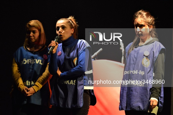 Accompanied by her colleagues, Flormar's laid-off worker Ayse Ozturk (C) speaks during a solidarity event in support of Flormar's workers in...
