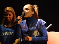 Flormar's laid-off worker Ayse Ozturk speaks during a solidarity event in support of Flormar's workers in Ankara, Turkey on November 23, 201...