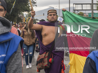 Indigenous Community participates in the march of students for public education in Bogota, Colombia, on 28 November 2018.. (