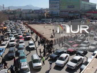 A general view of a traffic jam on a road in capital Kabul, Afghanistan on November 25, 2014. According to media reports, despite the progre...