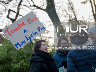 A hundred high school teachers demonstrated at the call of the unions before the Rectorate of Nantes, France, on December 14, 2018, against...