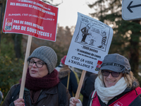 A hundred high school teachers demonstrated at the call of the unions before the Rectorate of Nantes, France, on December 14, 2018, against...