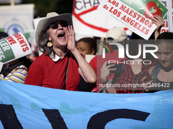 Teachers and supporters of public education march against education funding cuts during the March for Public Education in Los Angeles, Calif...