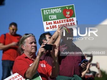 Teachers and supporters of public education march against education funding cuts during the March for Public Education in Los Angeles, Calif...