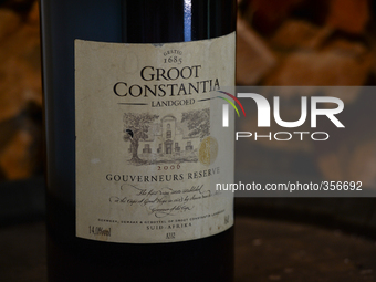 Bottle of Gouverneurs Reserve 2006 in the wine cellar at Groot Constancia Wine Estate winiards. Constantia Valley Wine Route, Cape Town, Sou...