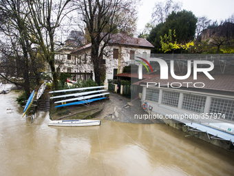 1st December Turin, Italy. The river Po in Turin flooding the rowing Club Armida  facing  the muddy waters  after 48 h of continuous rain. (