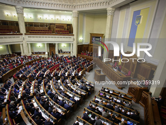 A general view of the general assembly meeting held after the new cabinet forming at the parliament building in Kiev, Ukraine on December 2,...
