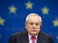 EU Commissioner for Justice, Freedom, & Security Jacques Barrot holds a press conference after first day of sitting of Justice and Home Affa...