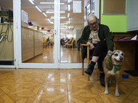 An old man from the San Cipriano Residence in Soto de la Marina, Cantabria, Spain, on 16 January  caresses Miko in one of the therapeutic vi...