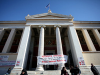 Greek school teachers protest outside the National and Kapodistrian University of Athens in Greece on January 17, 2019. Teachers and student...