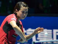 Hirano Sayaka of Japan in actions during Women's single quarter final round of the 2014 ITTF World Tour Grand Finals at Huamark Indoor Stadi...