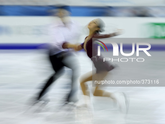 13 december-BARCELONA SPAIN: Cheng Peng and Hao Zhang in the pairs free stating ginalk in the ISU Grand Prix in Barcelona, held at the Forum...