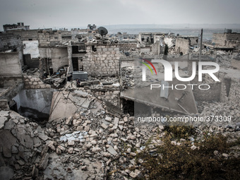 A general view of the devastation in Handarat, in Aleppo, Syria, on December 13, 2014.  (