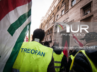 ROME, ITALY - FEBRUARY 04, garrisonof Treofan Workers against the risk of dismissal of 65 workers under the Minister of Economic Development...