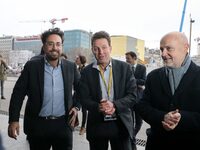 President of MEDEF (French employers' association) Geoffroy Roux de Bezieux (C) speaks with French Junior Minister for the Digital Sector at...