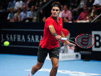 Roger Federer during the semi final of the Swiss Indoors  at St. Jakobshalle in Basel, Switzerland on October 25, 2014. (