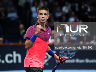 Borna Coric (CRO)raises fist during the semi final of the Swiss Indoors  at St. Jakobshalle in Basel, Switzerland on October 25, 2014. (