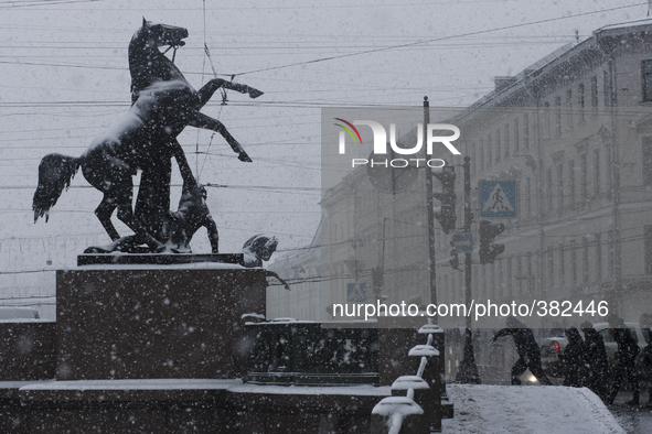 Anichkov bridge during heavy snowfall in St Petersburg, Russia. 26 December, 2014 