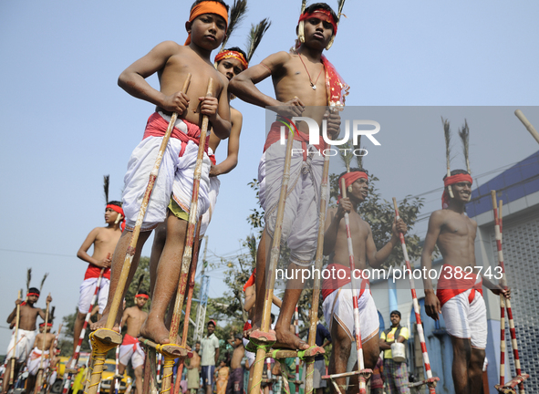 Folk artists performing on bamboo sticks during a NABC 2015 curtain raiser in Kolkata, India on 28th December 2014.
NABC or North American...