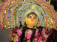 A Chhau dancer wearing a Chhau mask during a NABC 2015 curtain raiser in Kolkata, India on 28th December 2014.
NABC or North American Benga...