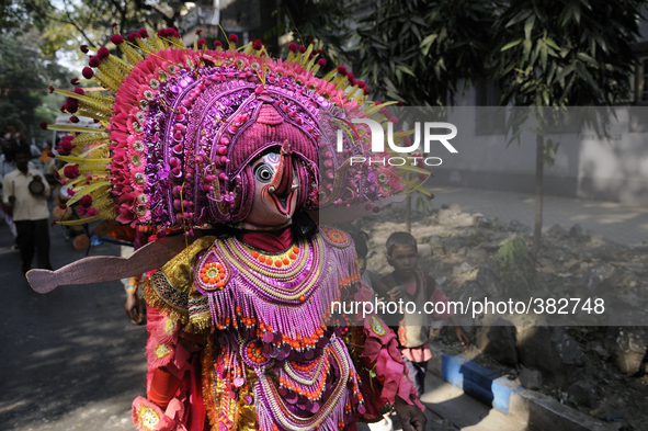 A Chhau dancer wearing a Chhau mask during a NABC 2015 curtain raiser in Kolkata, Indiaon 28th December 2014.
NABC or North American Bengal...