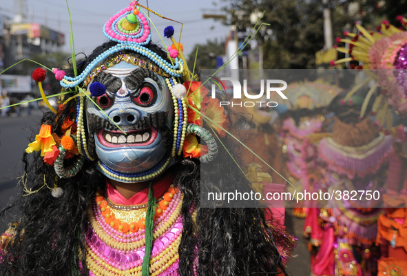 A Chhau dancer wearing a Chhau mask  during a NABC 2015 curtain raiser in Kolkata, India on 28th December 2014.
NABC or North American Beng...