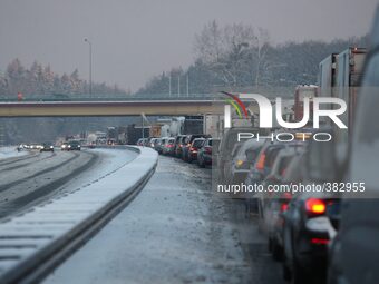 TriCity, Poland 29th, Dec. 2014 Heavy snow paralyzes road traffic in Gdansk, Sopot and Gdynia. Due the slippery road big lorries blocked Tri...
