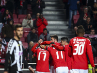 Benfica's forward Jonas (L) celebrates with team mater after scoring during the Portuguese League Cup  football match between SL Benfica and...