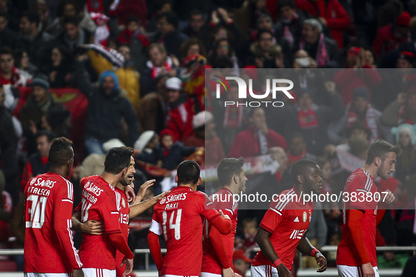 Benfica's forward Jonas (3rd L) celebrates with team mater after scoring during the Portuguese League Cup  football match between SL Benfica...