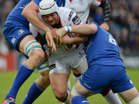 Ulster’s Rory Best (center) in action, challenged by Leinster's  Devin Toner (left) and Jamie Heaslip (right), during the Guinness PRO12’ ma...