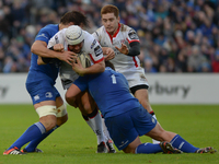 Ulster’s Rory Best (right) in action, challenged by Leinster's Jack McGrath (center), during the Guinness PRO12’ match, at RDS Arena in Dubl...