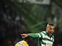 Sporting's forward Islam Slimani reacts during the Portuguese League  football match between Sporting CP and Estoril Praia at Jose Alvalade...