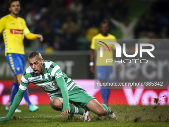 Sporting's forward Islam Slimani scores a goal during the Portuguese League  football match between Sporting CP and Estoril Praia at Jose Al...