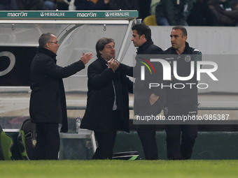 Presidento of Sporting CP Bruno de Carvalho  (2nd L)  cheers Sporting's coach Marco Silva  (2nd R) during the Portuguese League  football ma...