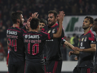 PORTUGAL, Penafiel: Benfica's Brazilian defender Jardel celebrates with teammates after scoring a goal (R) during the Premier League 2014/15...