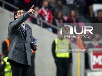 Guimaraes's coach Rui Vitoria gestures during the Portuguese League football match between SL Benfica and Vitoria SC at Luz Stadium in Lisbo...
