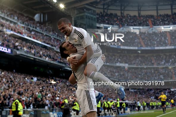 SPAIN, Madrid: Real Madrid's Welsh forward Gareth Bale and Pepe Celebrates a goal during the Spanish League 2014/15 match between Real Madri...