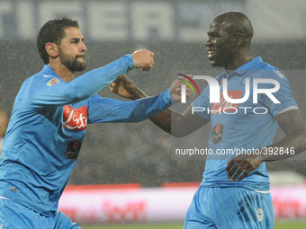 Miguel Angel Britos celebrates after scoring SSC Napoli during the italian Serie A football match between SSC Napoli and FC Juventus at San...
