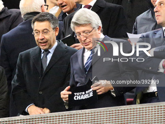 BARCELONA - january 11- SPAIN: Josep Maria Bartomeu and Enrique Cerezo in favour Charlie magazine in the match between FC Barcelona and Atle...