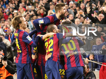 BARCELONA - january 11- SPAIN: Leo Mressi, Luis Suarez,Gerard Pique, Ivan Rakitic and Neymar Jr. celebration in the match between FC Barcelo...