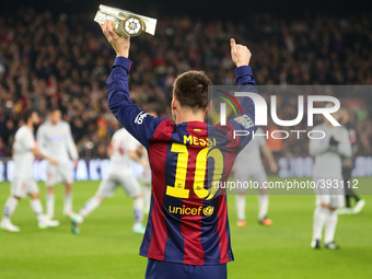 BARCELONA - january 11- SPAIN: Leo Messi with the trophy record top scorer in the history of the league in the match between FC Barcelona an...
