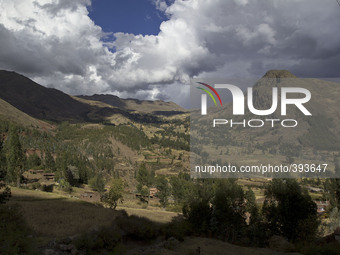The Andes Mountains near Cusco Peru on July 7, 2014. The potato is Perus most important food crop and farmers have been harvesting potatoes...