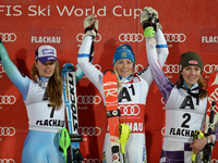 Tina Maze (SLO), Frida Hansdotter  (SWE) and Mikaela Shiffrin (USA)- a podium of the 6th Ladies' slalom, at Audi FIS Ski World Cup 2014/15,...