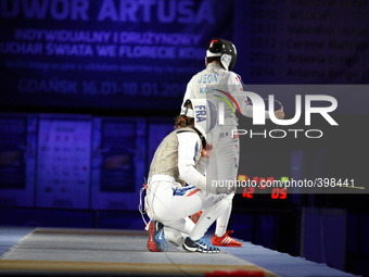 Gdansk, Poland 17th, Jan. 2015 Artus Court 2015 fencing cup in Gdansk. Astrid Guyart wins  the final game of 2015 Artus Court 2015 fencing c...